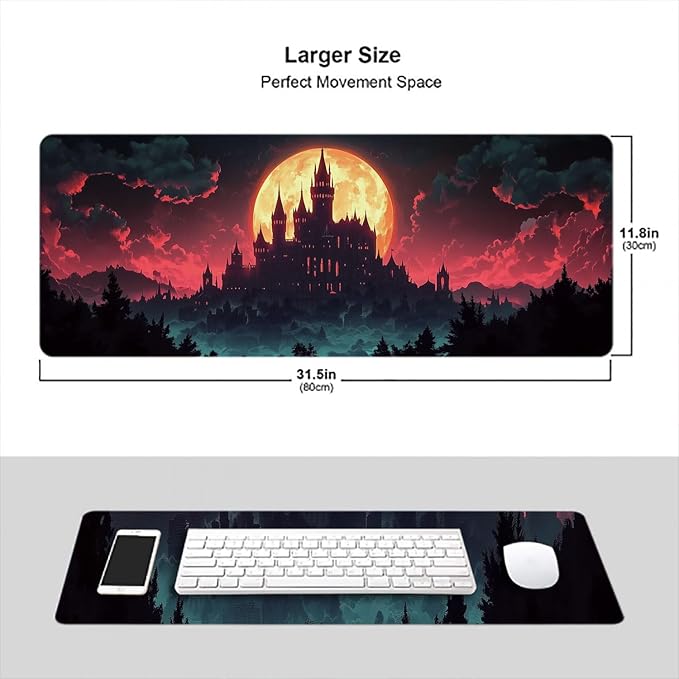 Castle Desk Pad Mouse Pad Red Moon Dark Forest Night Fantasy Mousepad XL Large Gaming Mouse Pad Laptop Keyboard Mat Desk Pad 31.5"x11.8" Office Computer Keyboard Laptop Home
