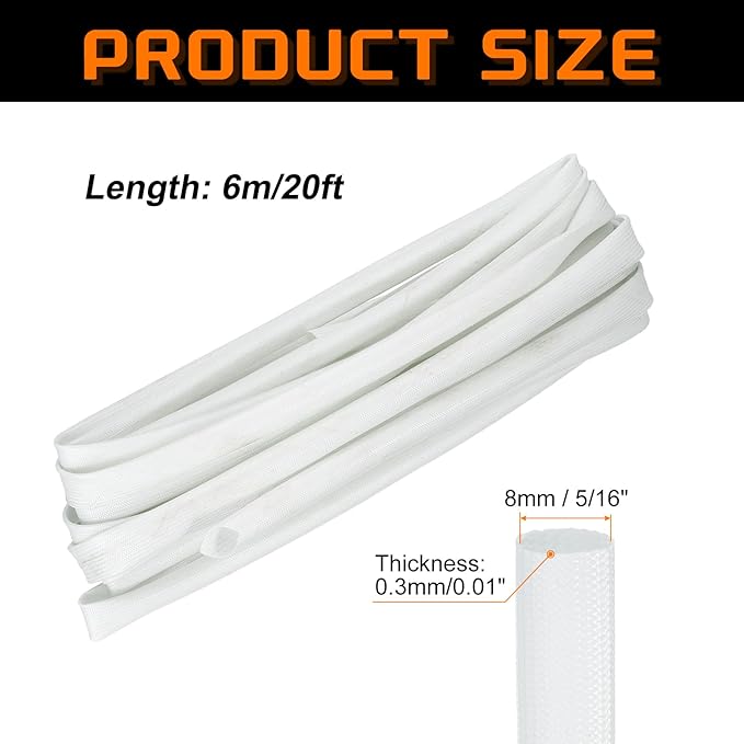 MECCANIXITY 20ft Braided Cable Sleeve, 5/16" ID 200C Heat Resistant 1500V Fiberglass Wire Insulation Cord Protector Organizer Wires Management for Motor Engine Fuel Line, White