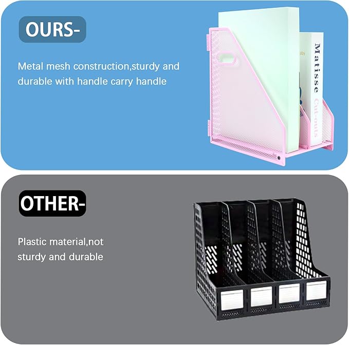 Desk Organizers Metal Magazine File Holder Racks Desktop Folder Storage Binder Organiser Document Organization for Home Office & Classroom,2 Vertical Compartments-Pink