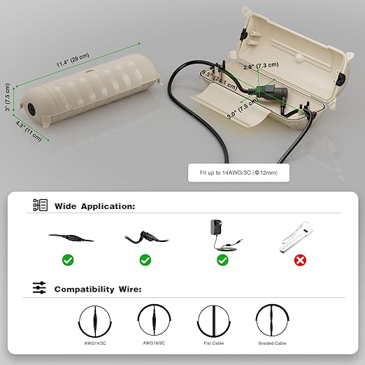 Flemoon Outdoor Extension Cord Safety Cover with Waterproof Protector Seal, Weatherproof Electrical Connection Box, Almond