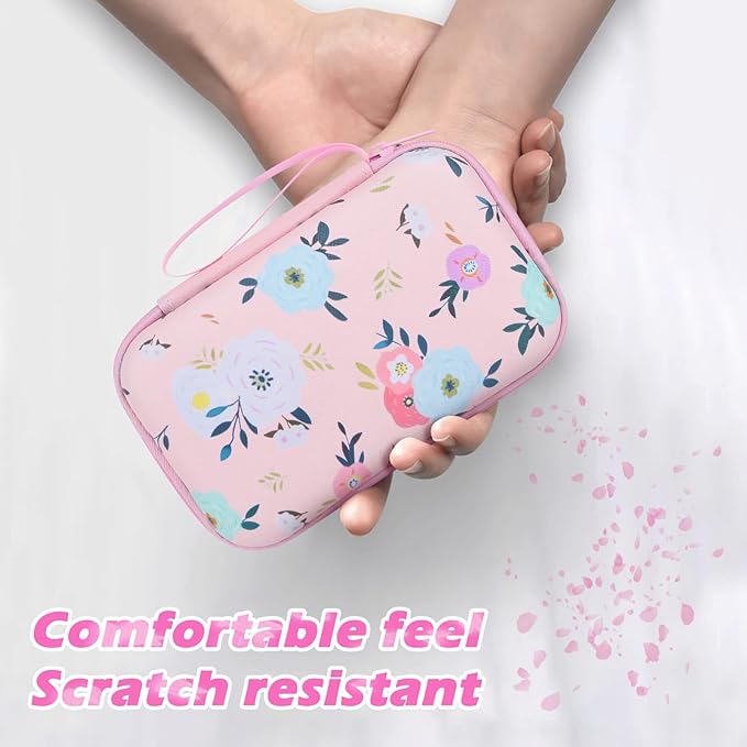 Cute Floral Phone Charger Storage Case Cover Set Colorful White Camellia Flowers Pattern Carrying Bag with Cable Protector Cord Organizer, Lightning Cable Chomper,Charger Saver Compatible for iPhone