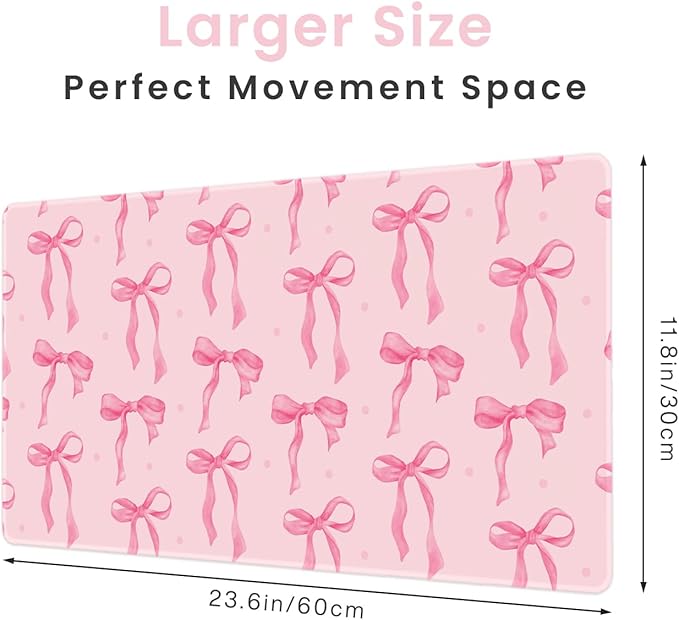 Pink Bow Mouse Pad, Desk Mat Large Bows Laptop Pad Computer Mat, Gaming Keyboard Mat Non-Slip Rubber Base Desk Pad, Stitched Edge, Cute Girly Pink Desk Accessories Women Office Decor 23.6" x 11.8"