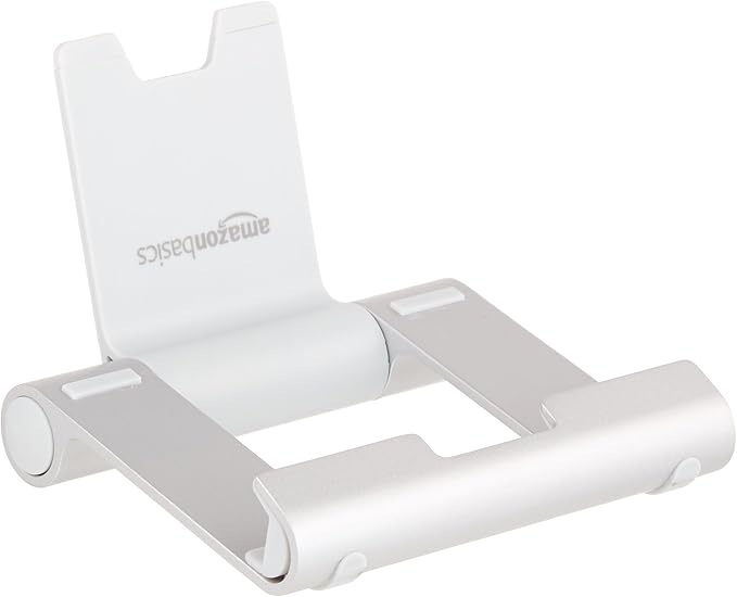 Amazon Basics Multi-Angle Portable Foldable Stand for Tablets, E-Readers and Phones, Non-Slip Desktop Holder for iPads, iPhones, Kindles, Hands-Free Viewing - Silver