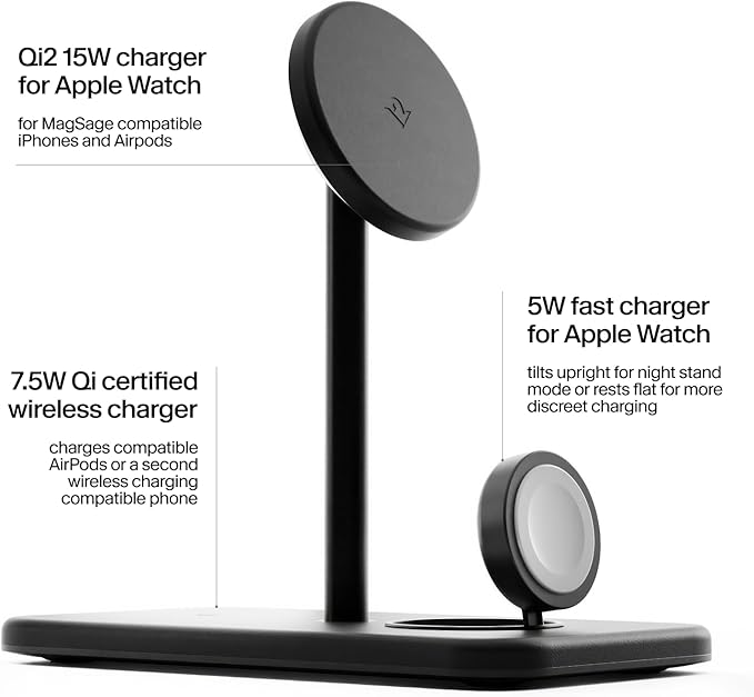 Twelve South HiRise 3 Deluxe Twelve South 3-in-1 MagSafe + Qi2 Charging Stand for iPhone, Watch, and AirPods, Black