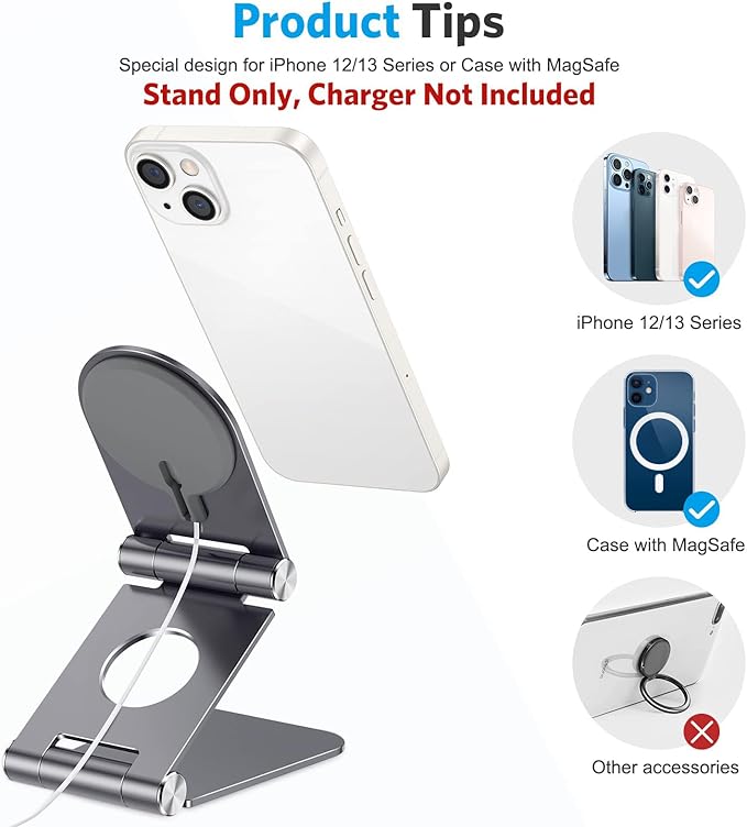 OMOTON Stand for MagSafe Charger, Foldable Phone Stand Holder for MagSafe Accessories, Compatible with iPhone 17/16/15/14/13/12 Pro Max/iPhone Air, [Charger for MagSafe Not Included], Gray