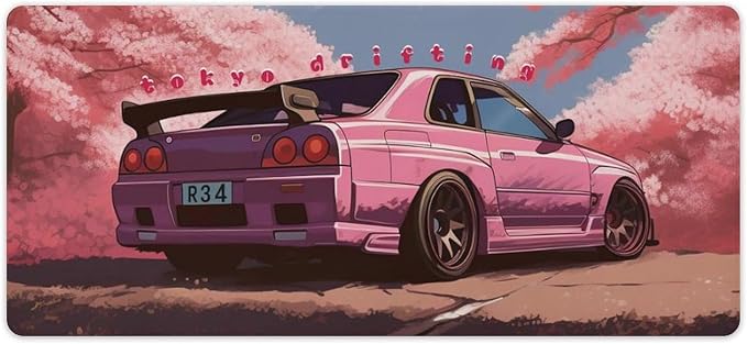 Car Gaming Mouse Pad Large Mousepad Japanese JDM Car R34 Pink Cherry Tree Anime Desk Mat for Keyboard and Mouse Mat Non-Slip Rubber Desk Pad 40x90cm, Style