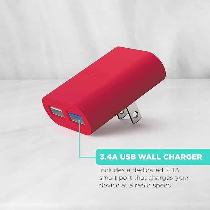 iHome 2-Port USB Wall Charger, AC Pro Multiport Plug Adapter, Phone Charging Block with Dual Ports for Home & Travel