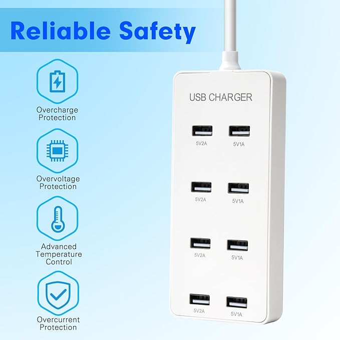 USB Wall Charger USB Charging Station for Multiple Devices 8-Ports Charging Hub Strip Smart Charger Block Compatible with iPhone, Galaxy, iPad Tablet, and Other Devices（White）