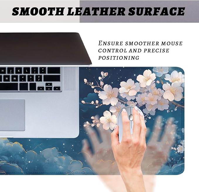 Cherry Blossoms Mouse Pad Japan Watercolor Sky Butterflies Extended Mousepad Waterproof Stitched Edges Rubber Base Non-Slip Deskpad Computer Keyboard Mat 31.5x11.8 in