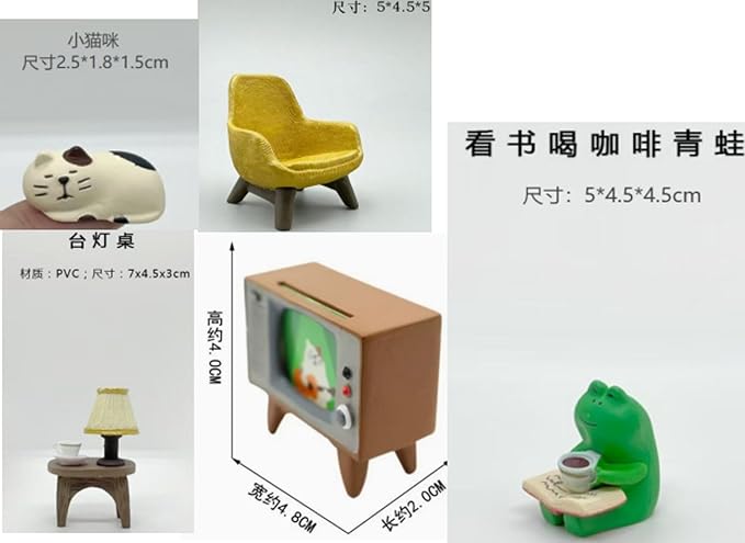Miniature Tabletop Figurine Set, Cute Mini Frog and Cat Figurine with Small Sofa TV Table Lamp for Home Office Bedroom Shelf Desk Decorative, Frog Cat Lovers Birthday Gift(Color:Multicolor)