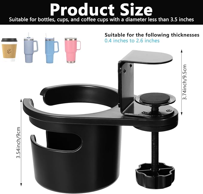 FMOACEN 3-Stage Adjustable Desk Cup Holder Clamp, 360° Rotating Anti-Spill Tray for Water Bottles & Mugs, Heavy-Duty Under Desk Organizer for Office, PC Gaming & School, Black