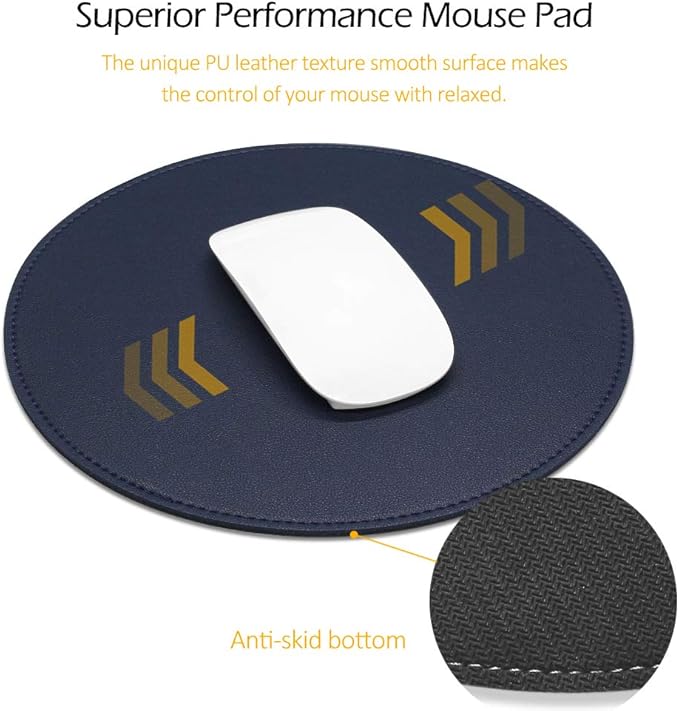 ProElife Premium Cute Round Mouse Pad Mat Waterproof PU Leather 8.66-Inch Mousepad with Anti-Skid Base Stitched Edge for Home Office Gaming Computer Laptop Accessories (Blue)