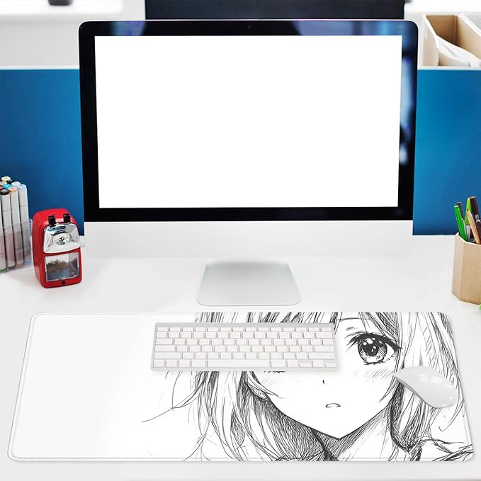 Anime Girl Gaming Mouse Pad Minimal Monochrome Sketch Large Gaming Mouse Mat with Stitched Edges,Non-Slip Waterproof Rubber Base Mous Mat Office Computer Keyboard Laptop 31.5"x11.8"