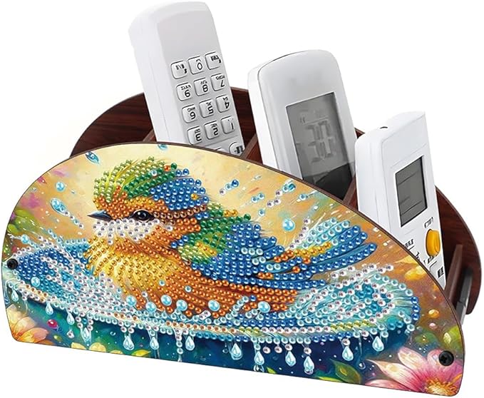 POETRYDRAW DIY Bird Diamond Art Painting Wooden Storage Box – Multi-Grid Moon Fan Makeup Brush Organizer, Double-Sided Drill Tabletop Holder for Women, Office & Home Decoration