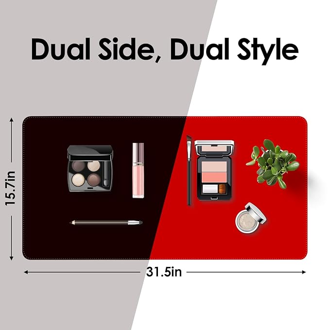 Makeup Mat for Vanity to Protect Desk Top 31.5 x 15.7 in, Dual-Sided Makeup Mat, Easy to Clean Desk Pad - Waterproof and Oilproof Vanity Accessories (Black and Red)