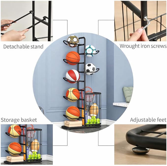 7-Ball Sports Equipment Storage Rack with Ball Holder and Basketball Rack, Athletic Gear Organizer ball Stand - Organize Toys, Sports Gear and More, 57.5" (Black)