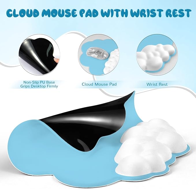 5 in1 Cloud Mouse Pad,Keyboard Wrist Rest,Mouse Wrist Rest Support,Mouse Pad Wirst Rest and Leather Coaster Set with Office Desk Mat,Memory Foam Ergonomic Easy Typing Pain Relief for Office and Home