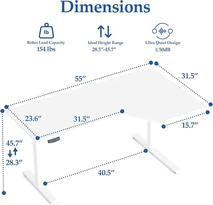 Klicelor L Shaped Standing Desk 55 x 31.5 Inch, Electric Height Adjustable Corner Desk for Home Office Workstation, Ergonomic Sit Stand Computer Table with Memory Controller, White