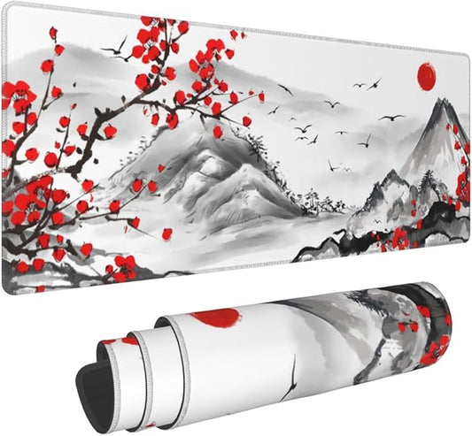 Japanese Cherry Blossom Gaming Mouse Pad 31.5x11.8 Inch Watercolor Cherry Blossom Keyboard Mat Extended Large Non-Slip Rubber Base Waterproof Japanese Desk Mat with Stitched Edges for Home Office