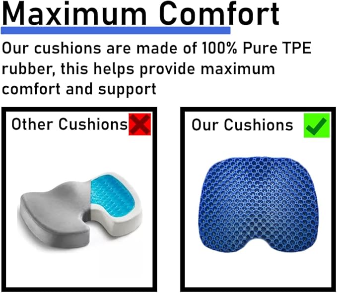 Blue Gel TPU Seat Cushion — Contoured Honeycomb Cooling Gel Cushion for Long Sitting, Pressure Relief for Tailbone & Sciatica, Non-Slip Washable Cover — 15.35 x 12.6 in