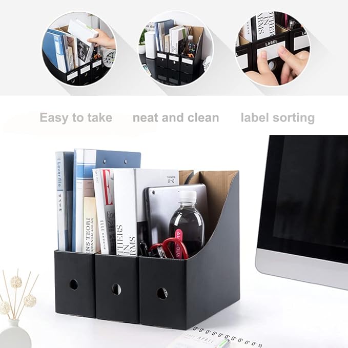 Foldable Desk File Holder Organizer Sturdy Cardboard Magazine Storage Box Document Rack with Blank Label Stickers for Home School Office (5, Matte Black)