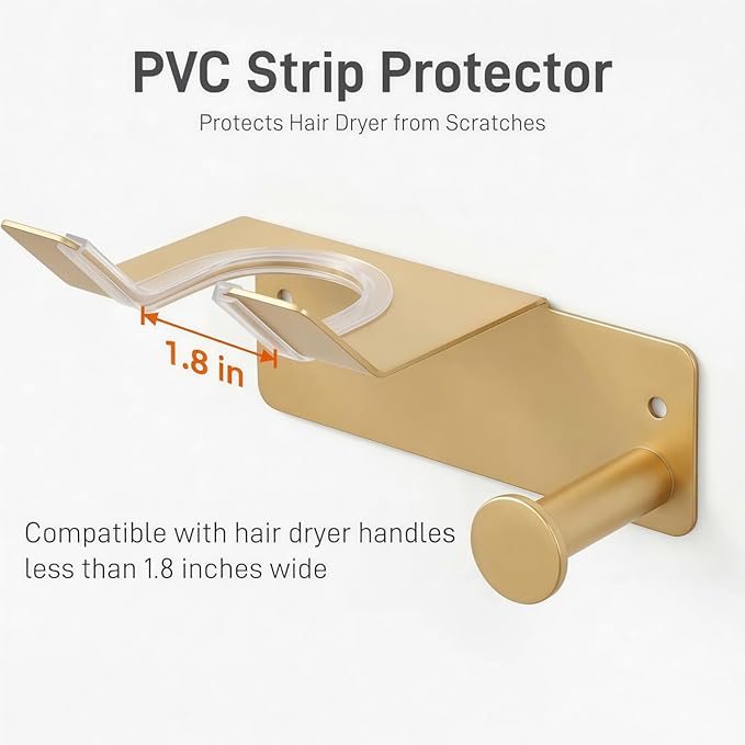 Hair Dryer Holder, Blow Dryer Holder with Cord Hook SUS304 Stainless Steel Wall Mount, Self Adhesive/Screw Space Saving Hairdryer Holder for Bathroom Gold