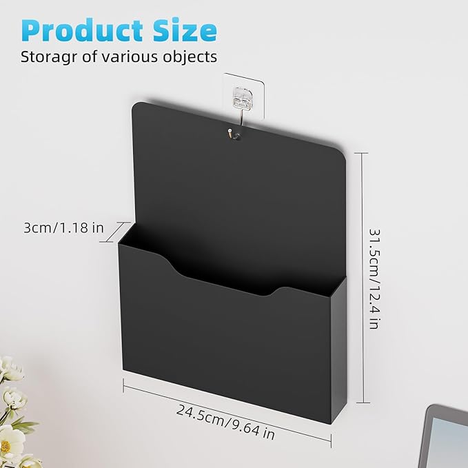 Magnetic File Holder - Magnetic Paper Holder, Pocket Organizer Office Supplies Storage Mail Organizer for Notebooks,Planners,Letter (Black)
