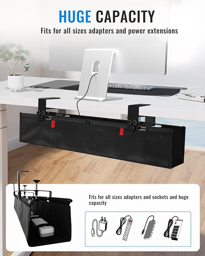 36" No Drill Under Desk Cable Management Tray - Upgraded Oxford Fabric with Cable Loop, No Damage to Table for Standing Desks and Home Office (Large (36 Inch))