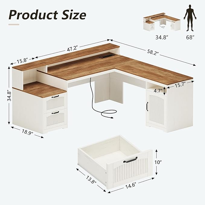YOMILUVE 63" Farmhouse L Shaped Executive Desk with Drawers & Storage Shelf, Corner Fluted Computer Desk with Power Outlets, L Shaped Office Desk with Monitor Stand, Printer Shelf