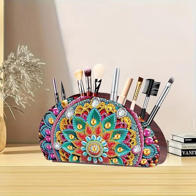 POETRYDRAW DIY Mandala Diamond Art Painting Wooden Storage Box – Multi-Grid Moon Fan Makeup Brush Organizer, Double-Sided Drill Tabletop Holder for Women, Office & Home Decoration