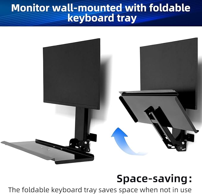 Monitor Wall Mount with Keyboard Tray and PC Wall Mount Set, Monitor and Keyboard Wall Mount Height Adjustable Fits 17"-32" Computer Screens, All in One PC Wall Mount with VESA Standard, 26" Wide Plat