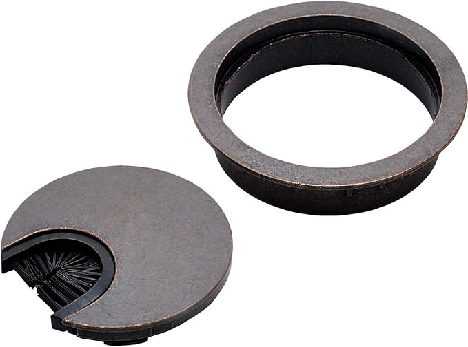 Antique Bronze Metal Cable Grommet | 2 Piece "Lock in" Feature with "Brush" Opening for Management of Office & Computer Desk Wires | 60mm (2 3/8") Hole Opening | 1 Pack