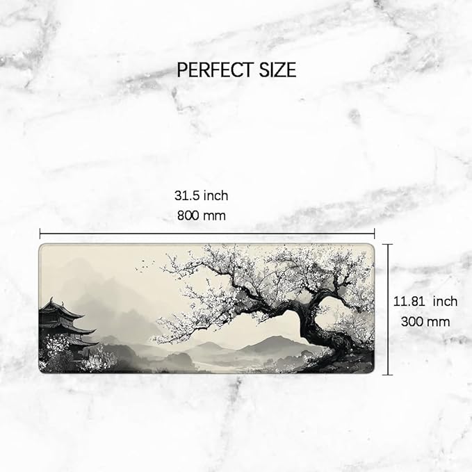 Desk Mat,Desk Pad, XXL Large Mouse Pad,Anti-Slip Big Mousepad with Stitched Edges,Extended Computer Mouse Pads for Desktop Black Japanese Tree