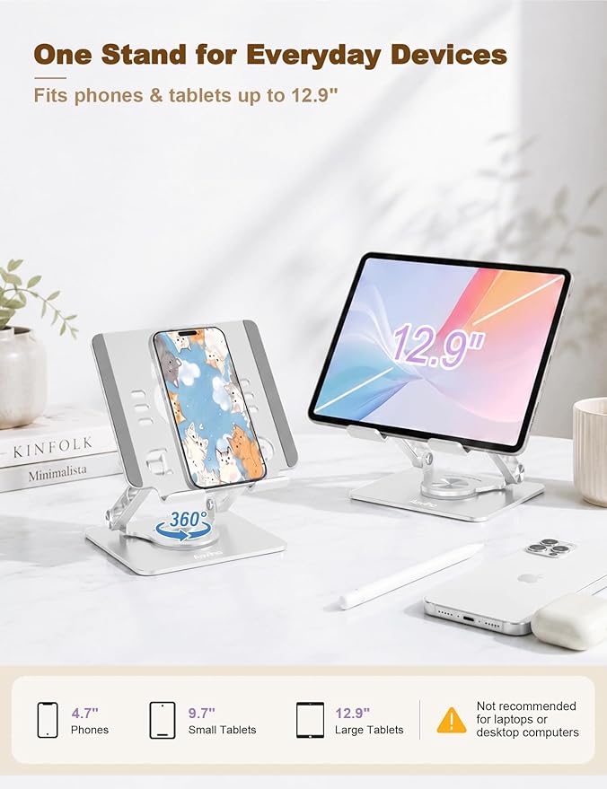 Aoviho Tablet Stand 360° Rotating Aluminum Holder, Adjustable, Portable and Foldable Monitors Stand for iPads, Compatible with 4-12.9" Tablets, Silver