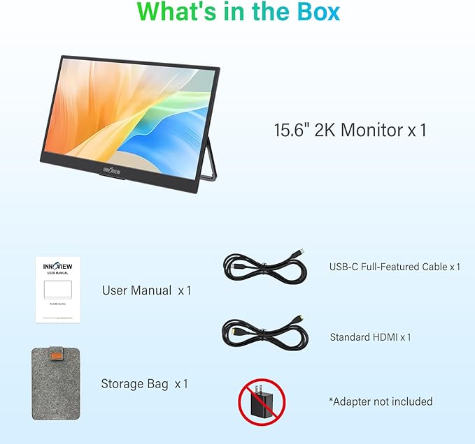 InnoView 2K Portable Monitor 15.6" QHD 100% sRGB, Built-in 180° Adjustable Stand Travel Monitor USB C Standard HDMI Ultra-Slim Portable Monitor for Laptop MacBook Phone PS5 Xbox Switch