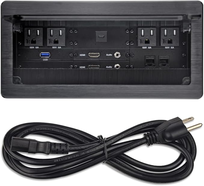 Tabletop Multimedia Connectivity Box with 4 AC Power+2 HDMI+2 RJ45+1 USB3.0 Port +1 USB-C +2 Audio with 5.58ft Power Cord for Conference Room Office Desk(Black)