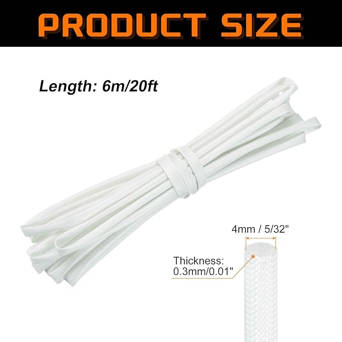 MECCANIXITY 20ft Braided Cable Sleeve, 5/32" ID 200C Heat Resistant 1500V Fiberglass Wire Insulation Cord Protector Organizer Wires Management for Motor Engine Fuel Line, White