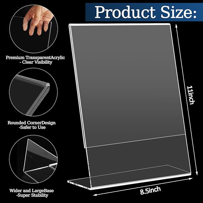 6 Pack 8.5x11 Inch Acrylic Sign Holder Clear Plastic Table Paper Display Stand L-Shape Vertical Menu Holder Stand Picture Photo Flyer Display Stand for Desktop Flyers, Documents, Office, Restaurants