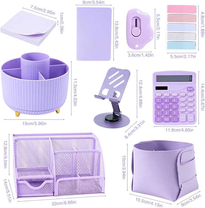 Gawsey Purple Desk Organizers and Accessories with Desk Organizer 360° Rotating Pen Holder and Office Supplies, Cute Stationery Supplies Set