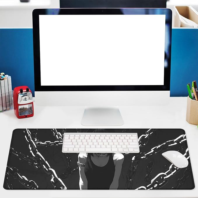 Dark Gothic Girl Gaming Mouse Pad Red Eyes Chains Extended Gaming Mouse Pad Mat with Stitched Edge Non-Slip Base Office Computer Keyboard Laptop 31.5"x11.8"