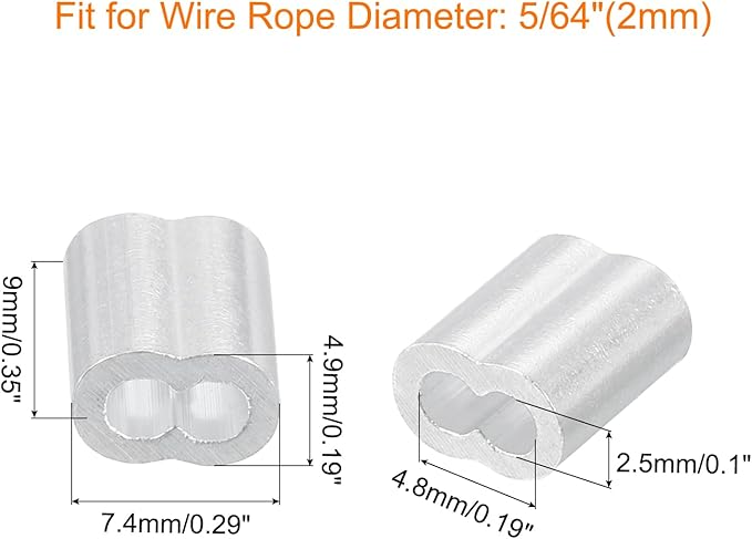 uxcell 100Pcs Aluminum Crimping Loop Sleeve for 5/64" Diameter Wire Rope, Double Ferrule Aluminum Wire Rope Sleeve for Cable Line End