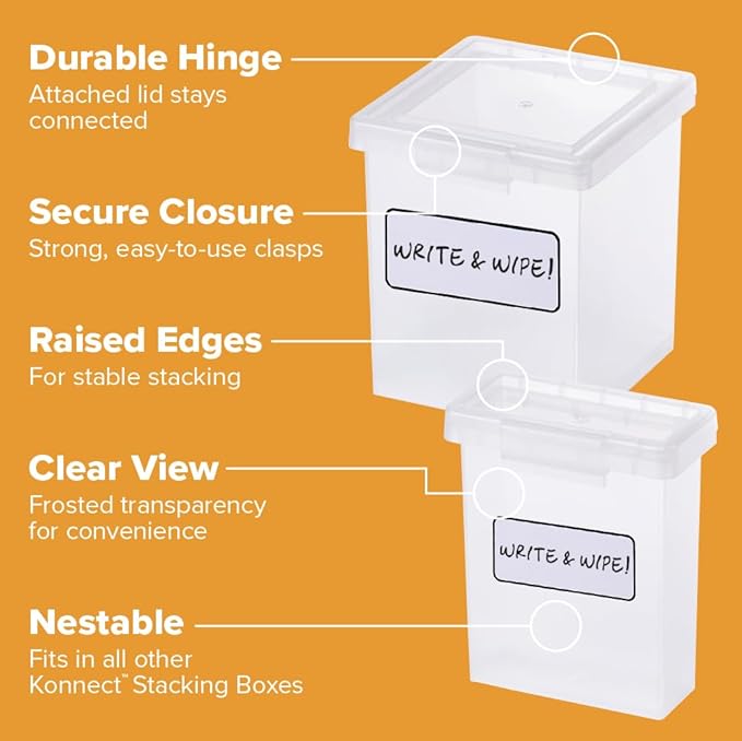 Bostitch Konnect Storage Containers with Lids, Clear Plastic Box, Stackable for Crafts, Home, and Office Organization, Labels, 5 Piece (1 4Qt Box, 21.5-Qt Boxes, 2 0.5-Qt Boxes)