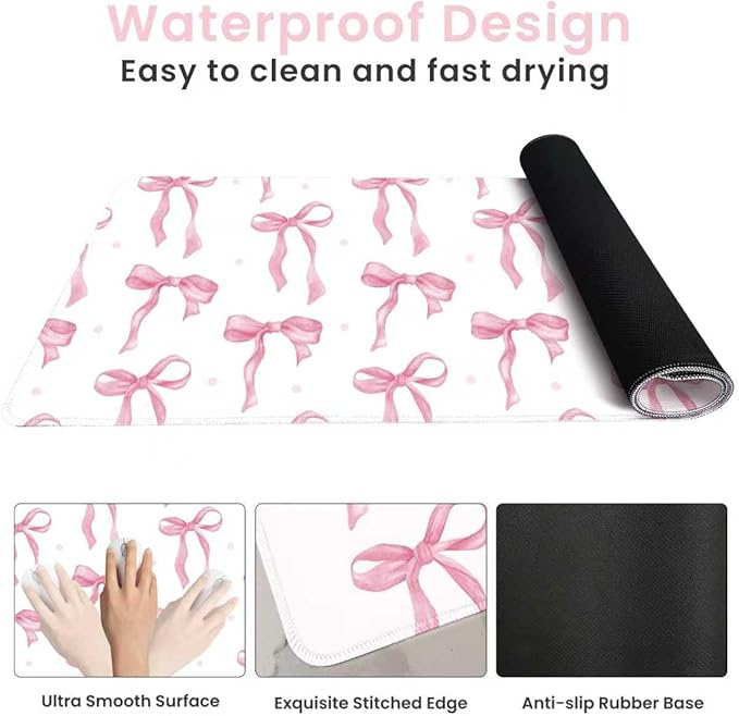 White Mouse Pad with Pink Bows, Cute Desk Mat Pink Keyboard Mat for Computer Laptop Non-Slip Rubber Base, Large Office Mat Kawaii Desktop Décor Accessories Office Supplies for Girls Women 31.5 x 11.8