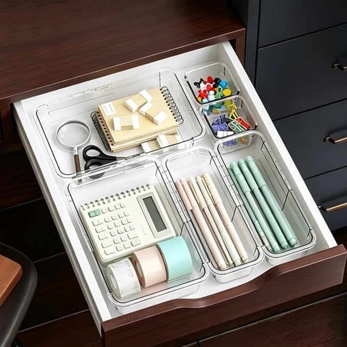 Extendable Drawer Organizer, 14pcs Bathroom & Vanity Drawer Organizes Tray, 3-size Clear Plastic Storage Bin for Makeup, Office Desk, Kitchen, Bedroom, Cabinet Drawer