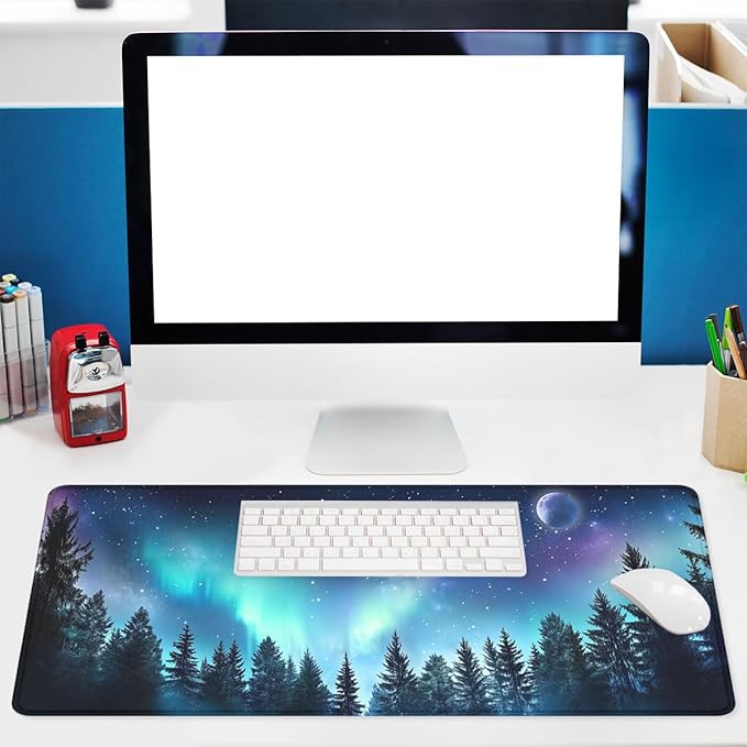 Aurora Desk Mat Starry Night Northern Lights Forest XL Mouse Pad Large Mousepad Extended Laptop Keyboard Mat Gaming Desk Pad Mouse Mat 31.5"x11.8"