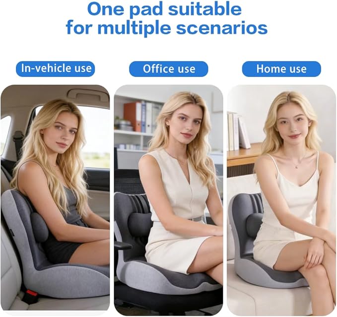 Adjustable Seat Cushion & Lumbar Support Pillow Set for Office Chair, Ergonomic Pillow for Sciatica Pain Relief, Memory Foam Back Support Pillow & Chair Cushion for Car seat, Desk Chair (black,grey)