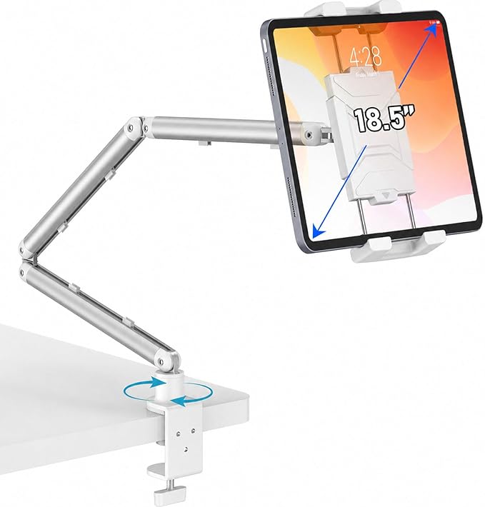 Portable Monitor Stand 15.6", Heavy Duty Tablet Arm Mount with Desk Clamp, Sag-Free Adjustable iPad Holder for Bed, 360° Foldable Arm Fits 4.7"-18.5" iPad Pro/Air/Mini, 2.2lbs Capacity, White