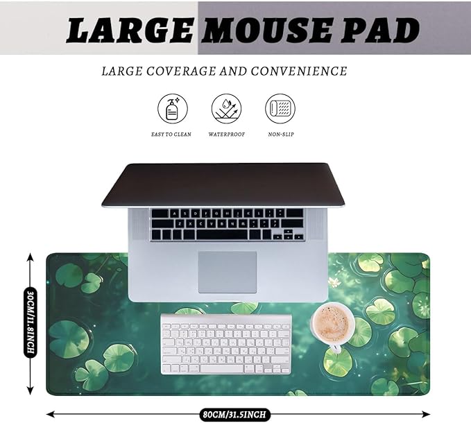 Pond Water Lily Gaming Mouse Pad Green Dream Surface Water Lily Extended Keyboard Mouse Mat for Computer Office, Big Laptop Mouse pad, Gaming Pc 31.5x11.8 in