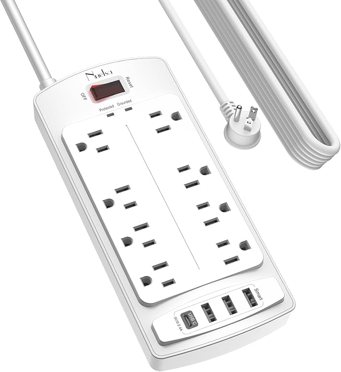 Surge Protector Power Strip - Nuetsa Flat Plug Extension Cord with 8 Outlets and 4 USB Ports, 20 Feet Power Cord, 2700 Joules, ETL Listed, White