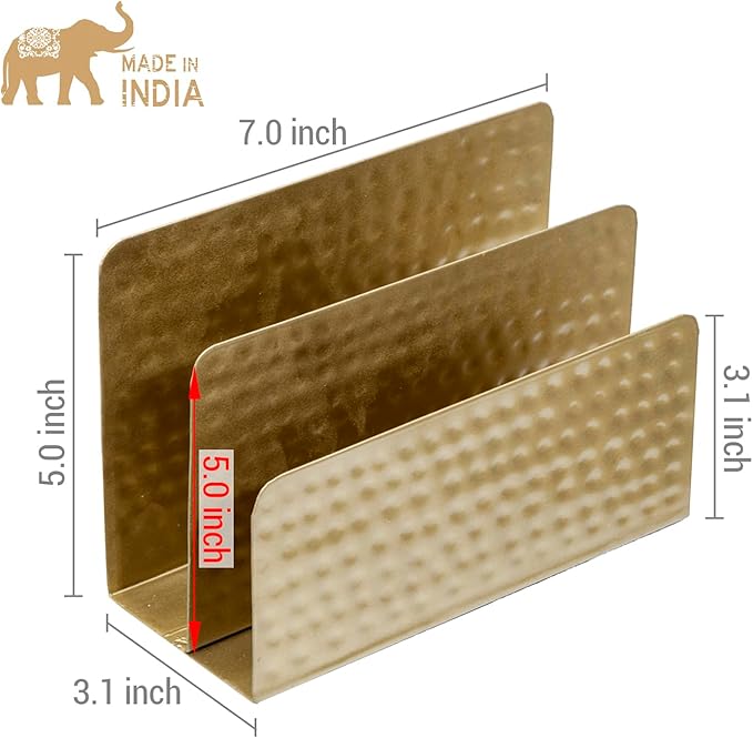 MyGift Modern Vintage Brass Tone Metal Tabletop Mail Holder Letter Sorter with Hammered Design, Office Desktop Storage File Folder Document Organizer Stand with Pebbled Texture - Handcrafted in India